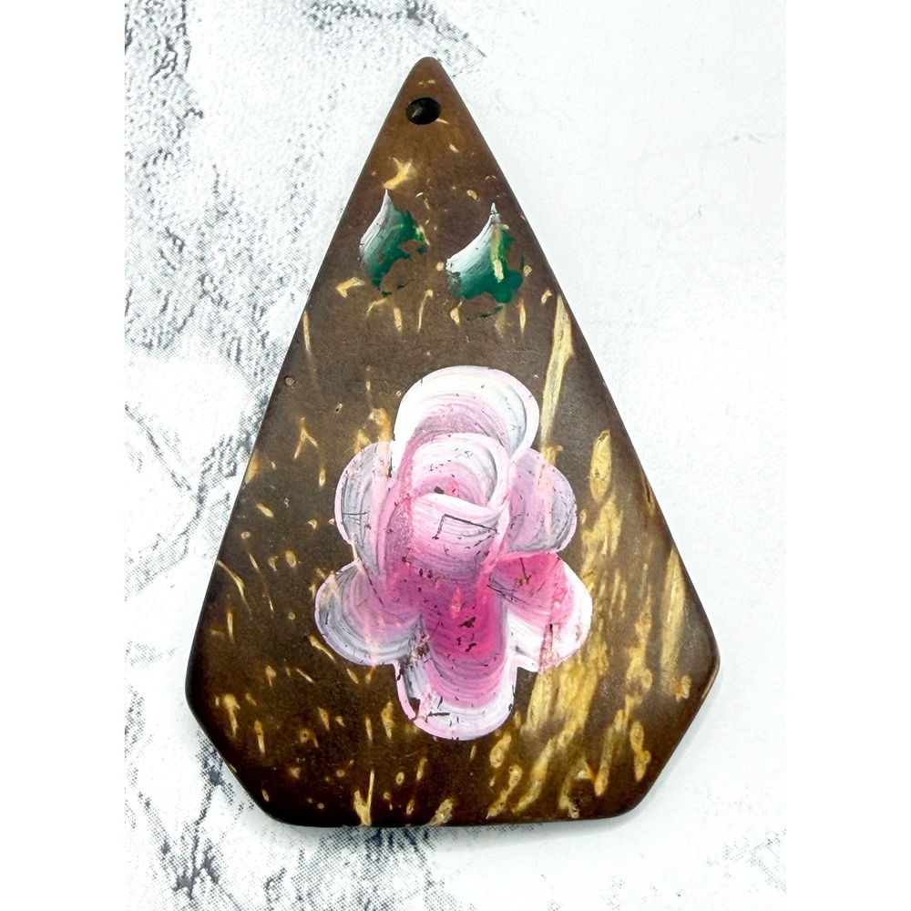 Vintage Style Hand Painted Floral Pendant Gold Tone Resin Teardrop